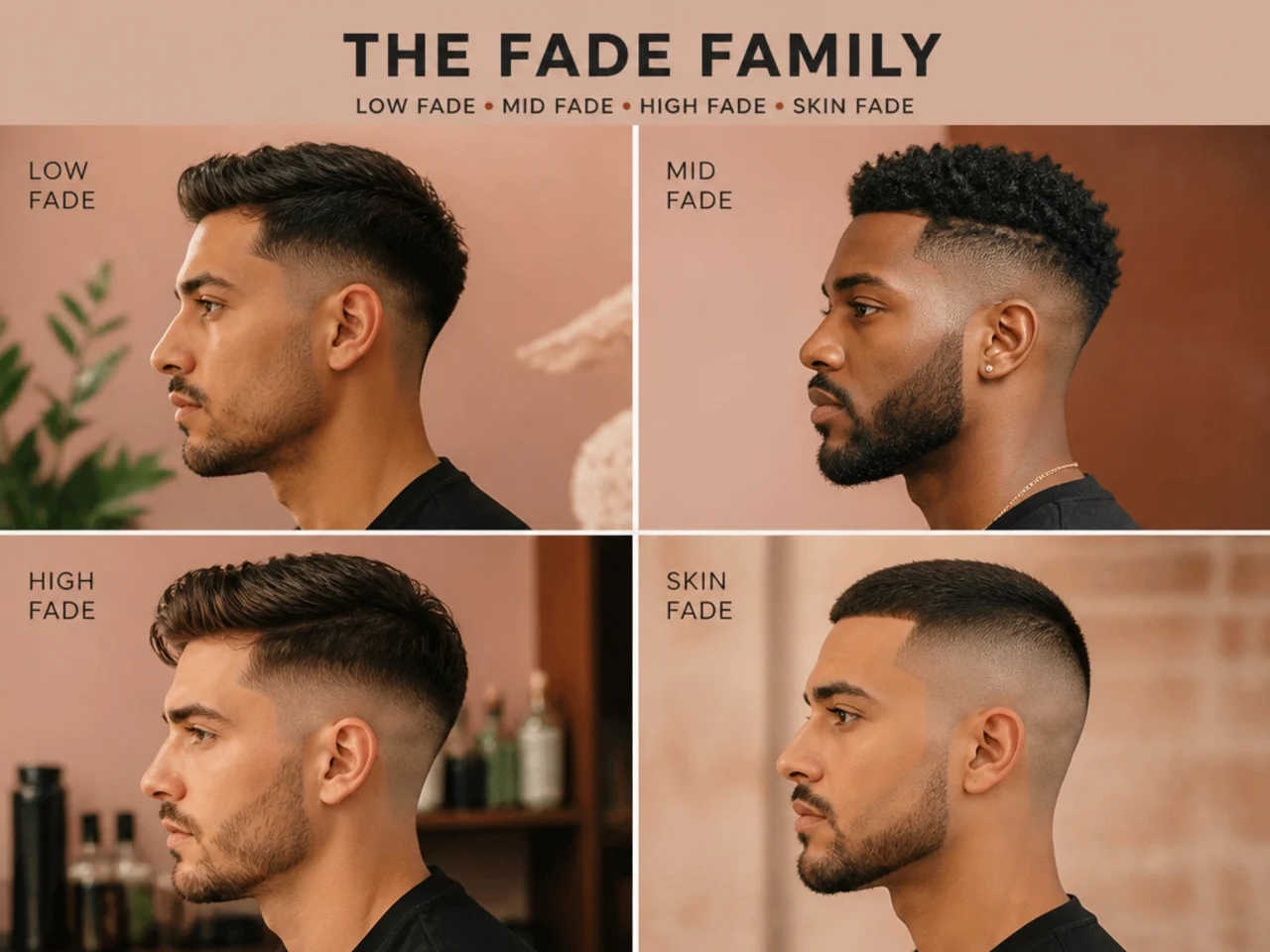 Fade family lineup showing low, mid, high, drop, burst, and taper fades