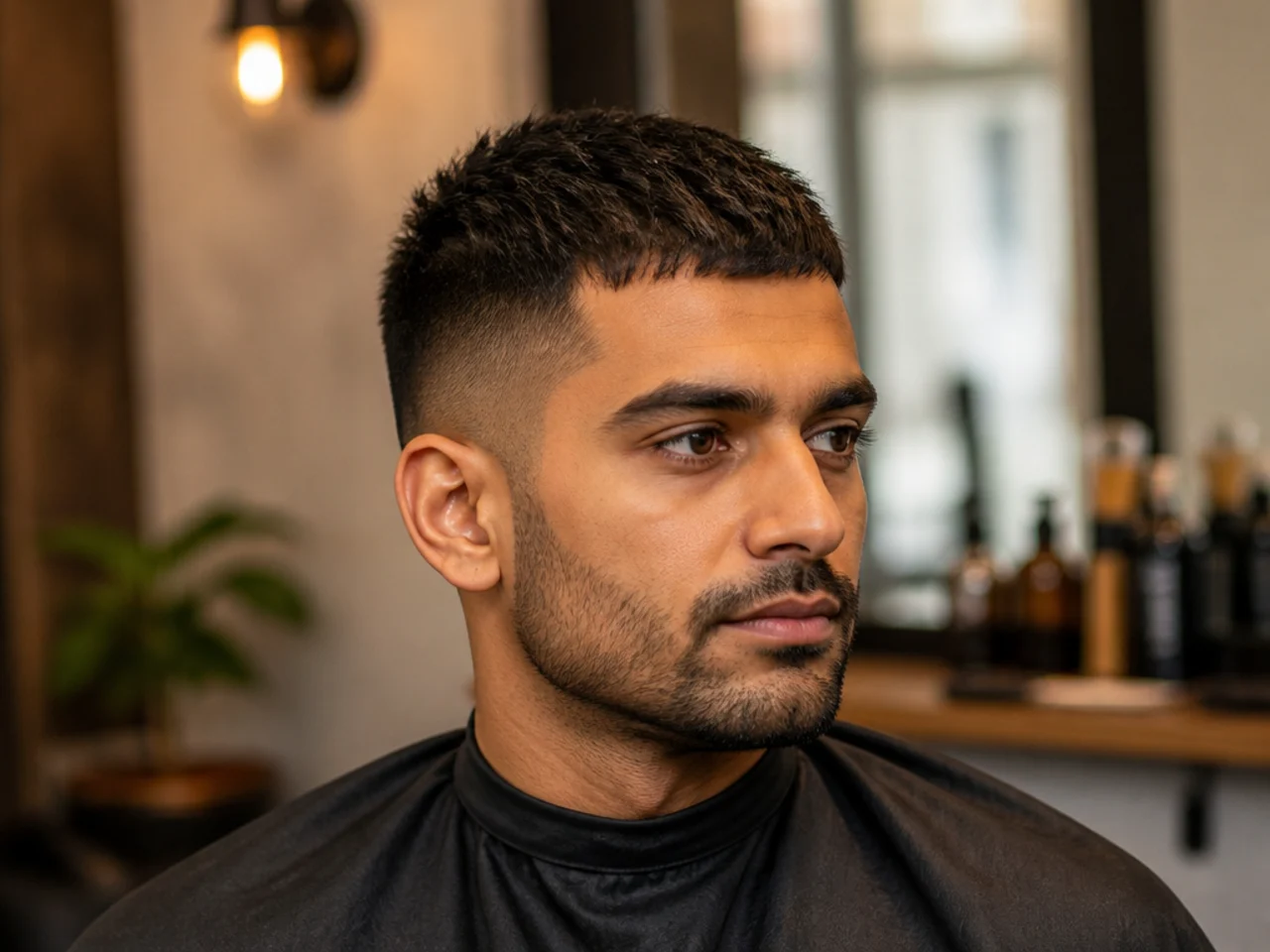 Senior software engineer wearing a textured crew cut with a scissor-blended taper and matte finish