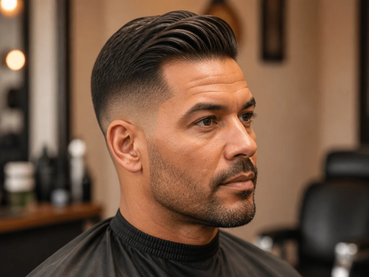 Corporate lawyer with an executive comb over and mid fade — hard part etched, matte pomade finish, boardroom portrait