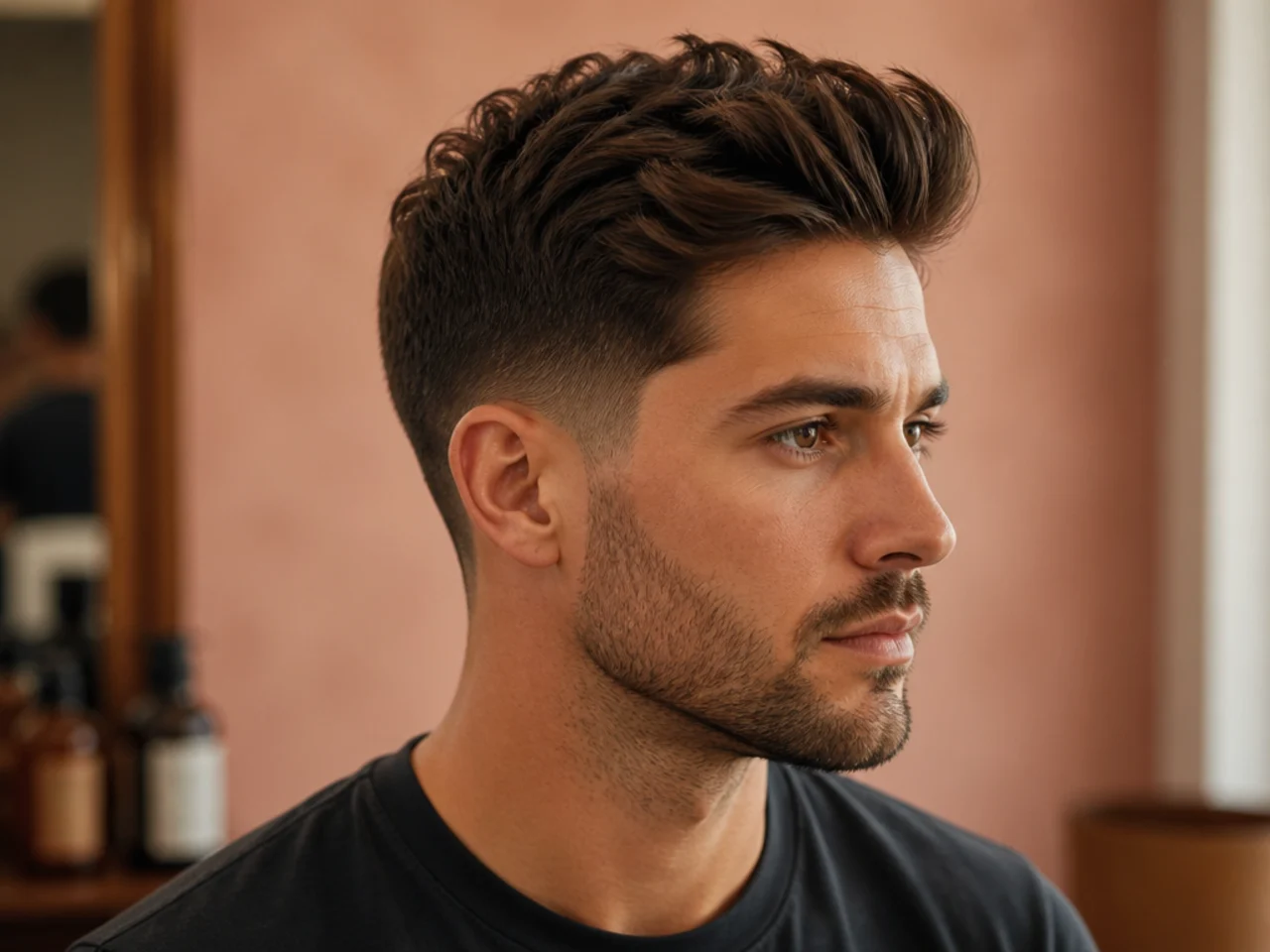 Product manager with a textured quiff and low taper fade — three inches through the front, matte paste finish, on-stage confidence