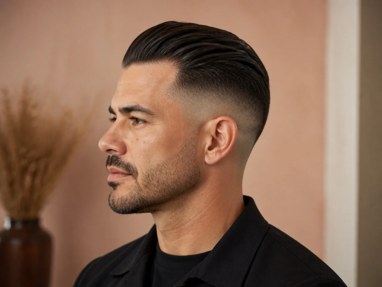 Sales director with a slick back and skin fade — four inches on top, disciplined undercut weight line, matte pomade finish