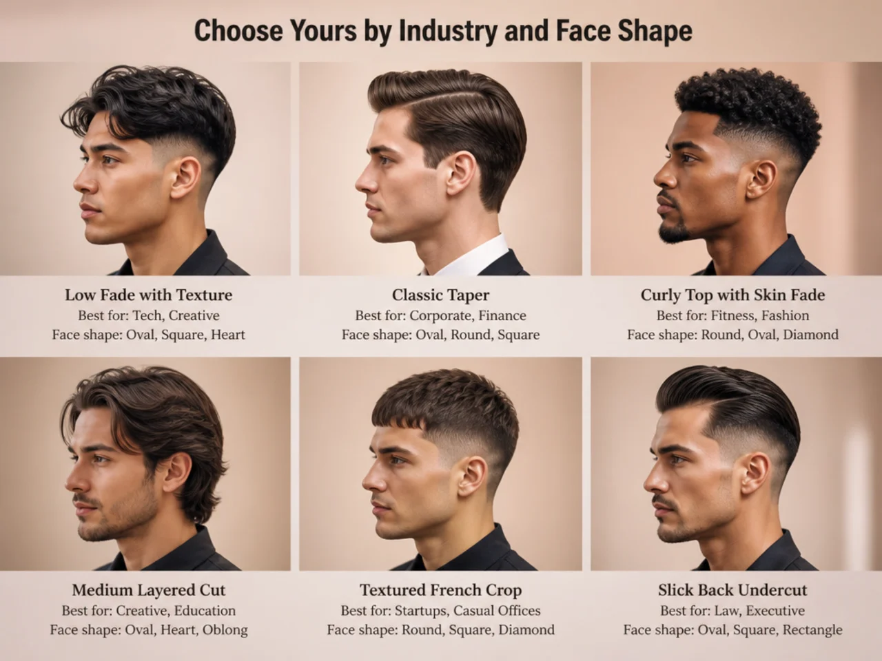 Editorial reference grid showing six professional cut silhouettes matched to industries and face shapes