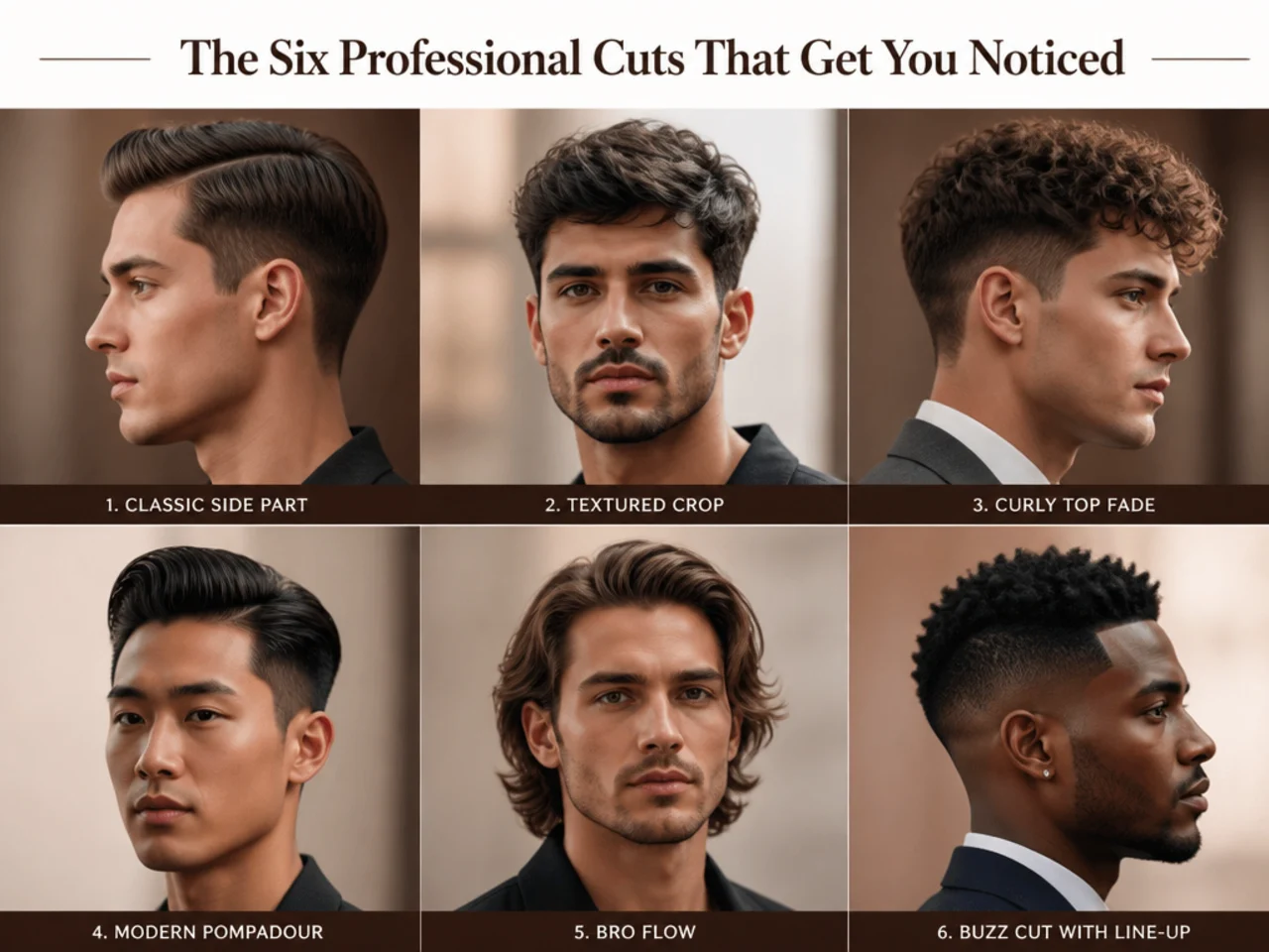 Six numbered vignettes showing the professional haircuts noticed most in offices — side part, crew, comb over, ivy league, quiff, slick back