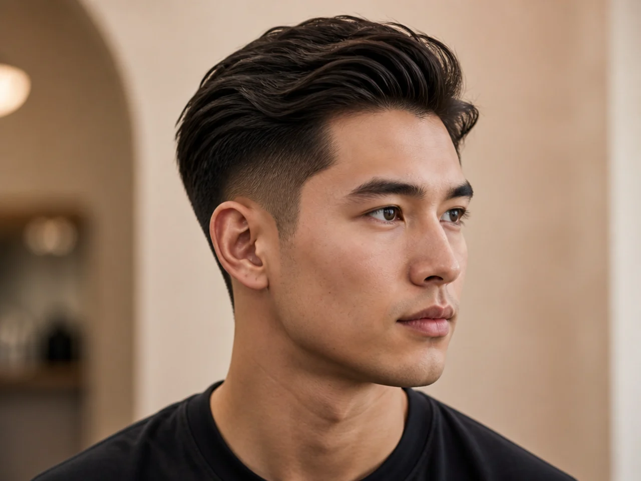 Clean matte-finish men's professional haircut photographed under editorial studio light showing tight taper and disciplined top