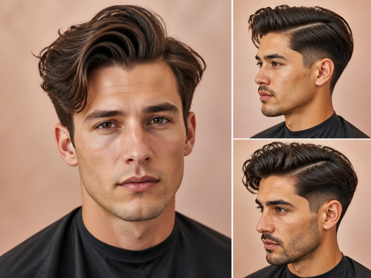 Deep parting side part with high-volume top and low fade