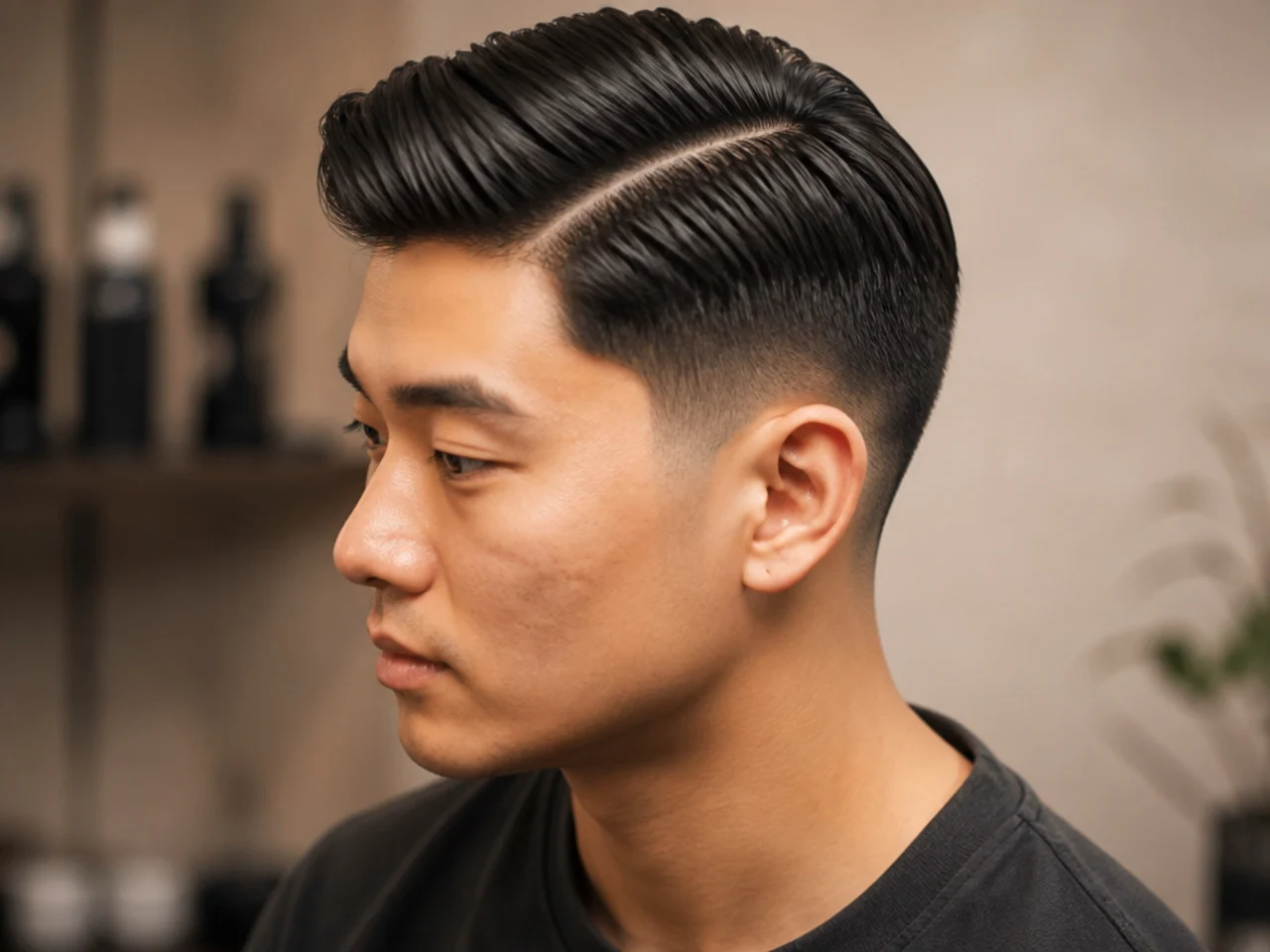 Side part with drop fade curving behind the ear