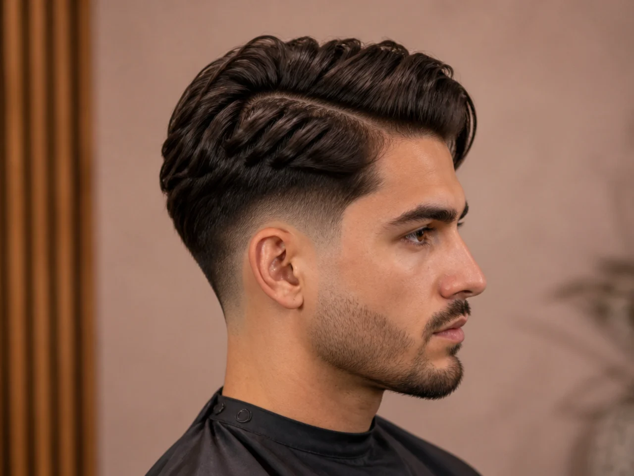 Side part with burst fade arcing around the ear