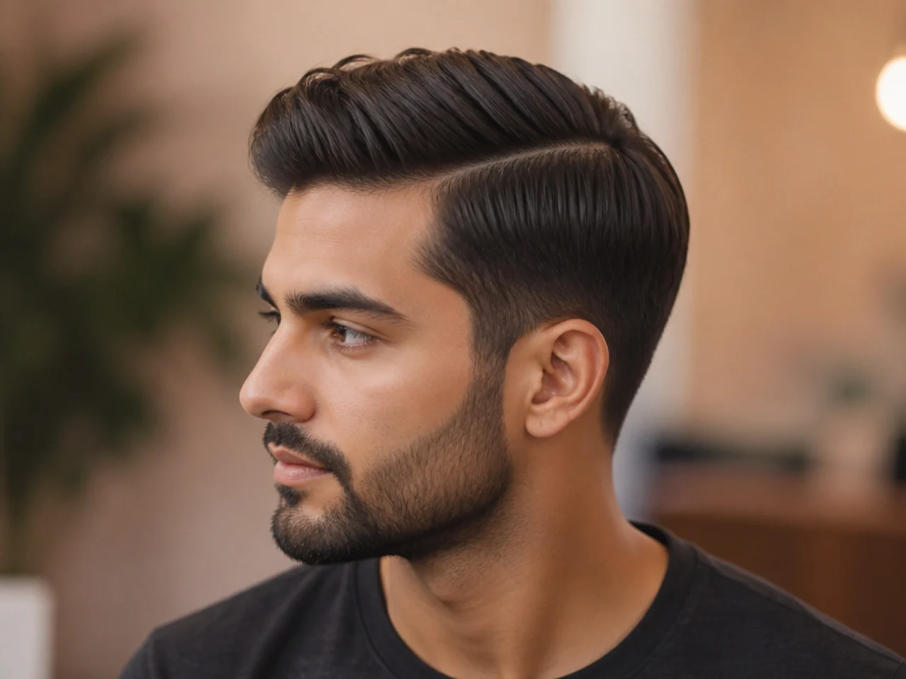 Side part with beard blended into the fade line