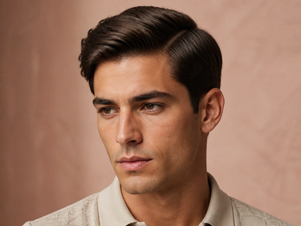 Ivy League side part with short conservative top