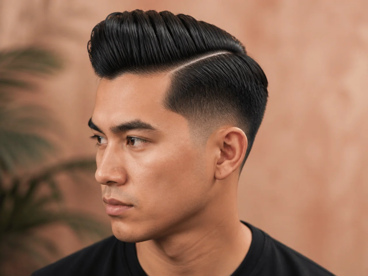 Pompadour side part with high volume front and low fade