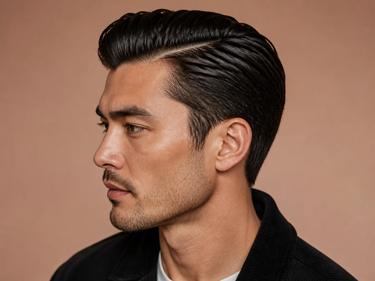 Deep side slick back with pomade shine