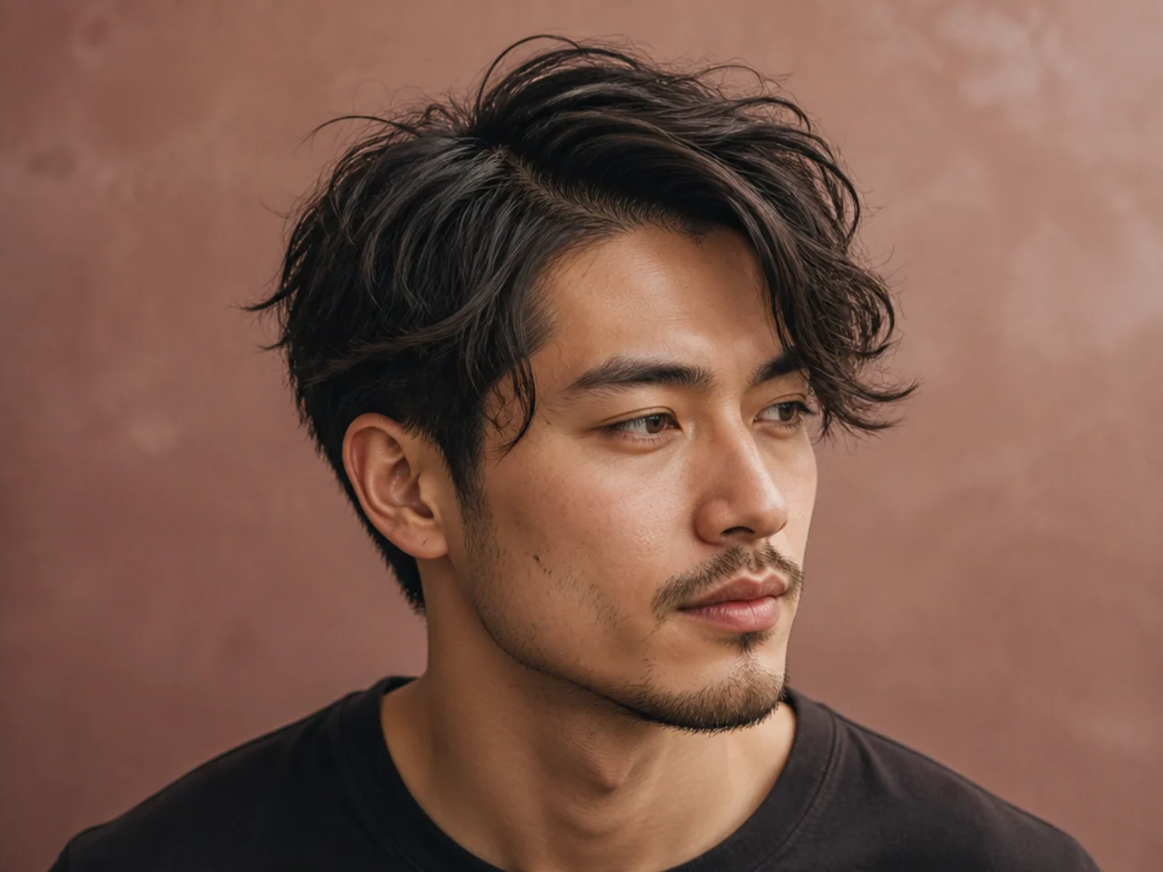 Messy textured side part with piece-y finish
