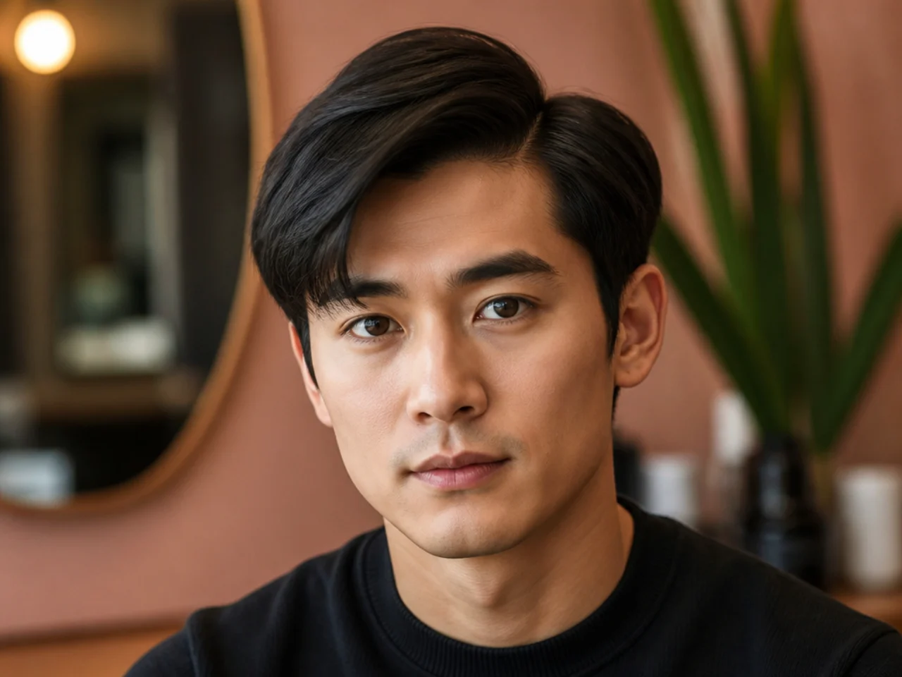 Asian straight hair side part with clean parting and mid fade