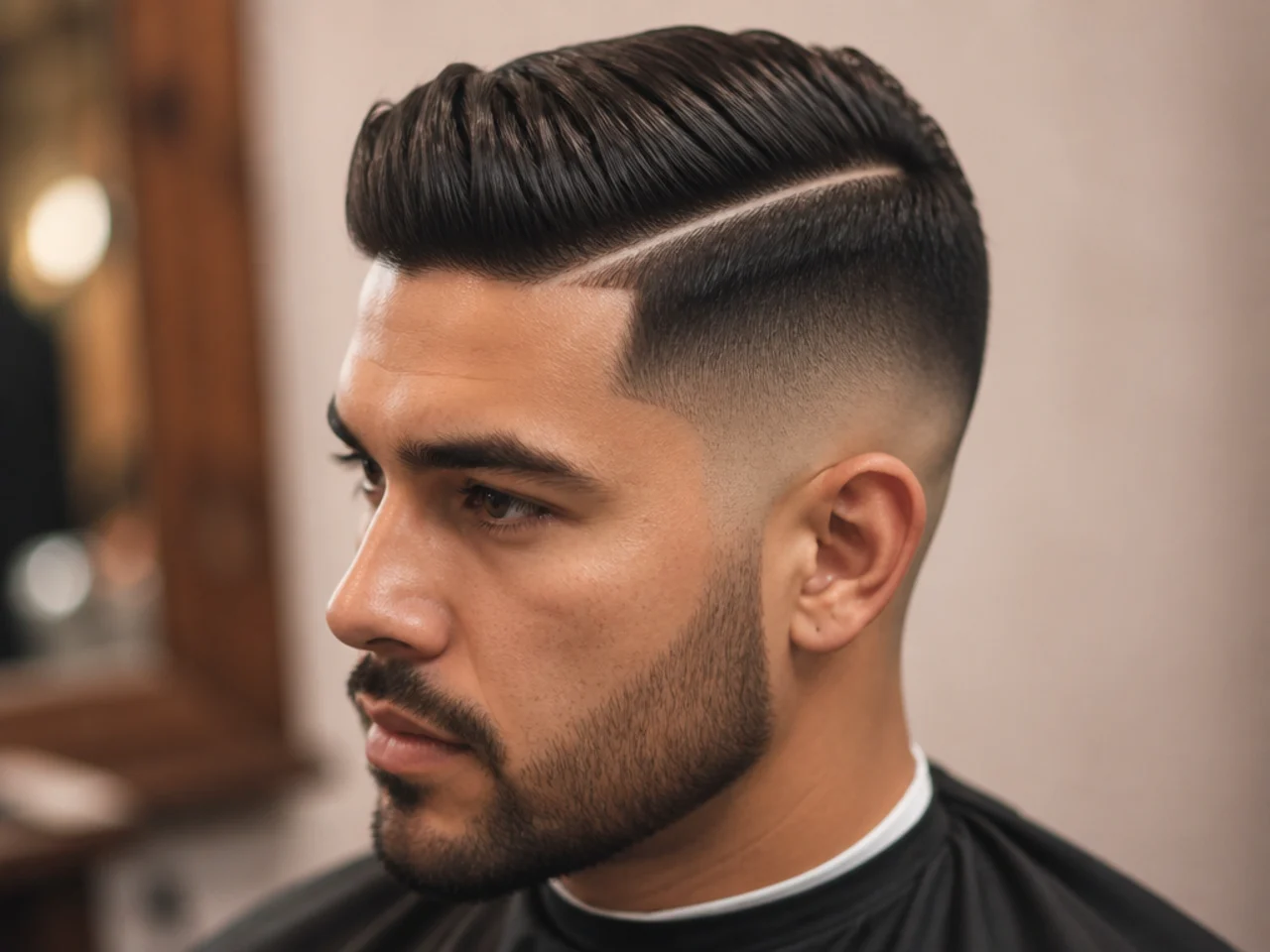 Hard part shaved above a high skin fade with textured top