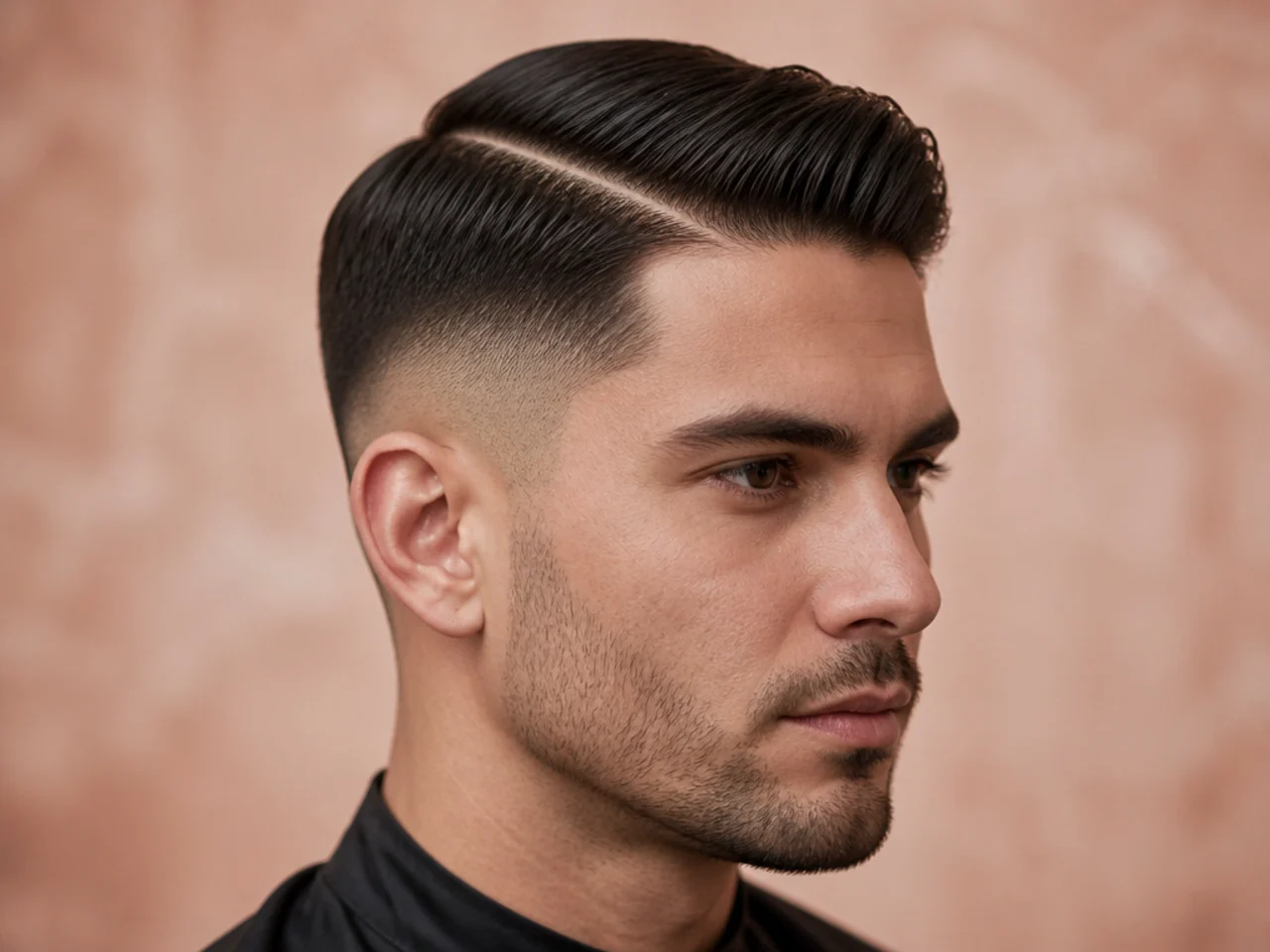 Deep hard part shaved through a mid fade with textured top