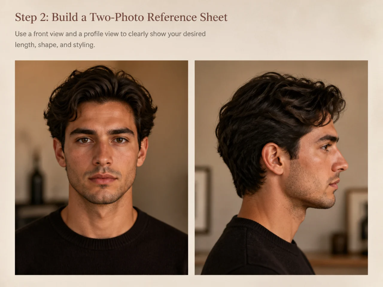 Two reference photos of a timeless men's haircut — three-quarter front and side profile