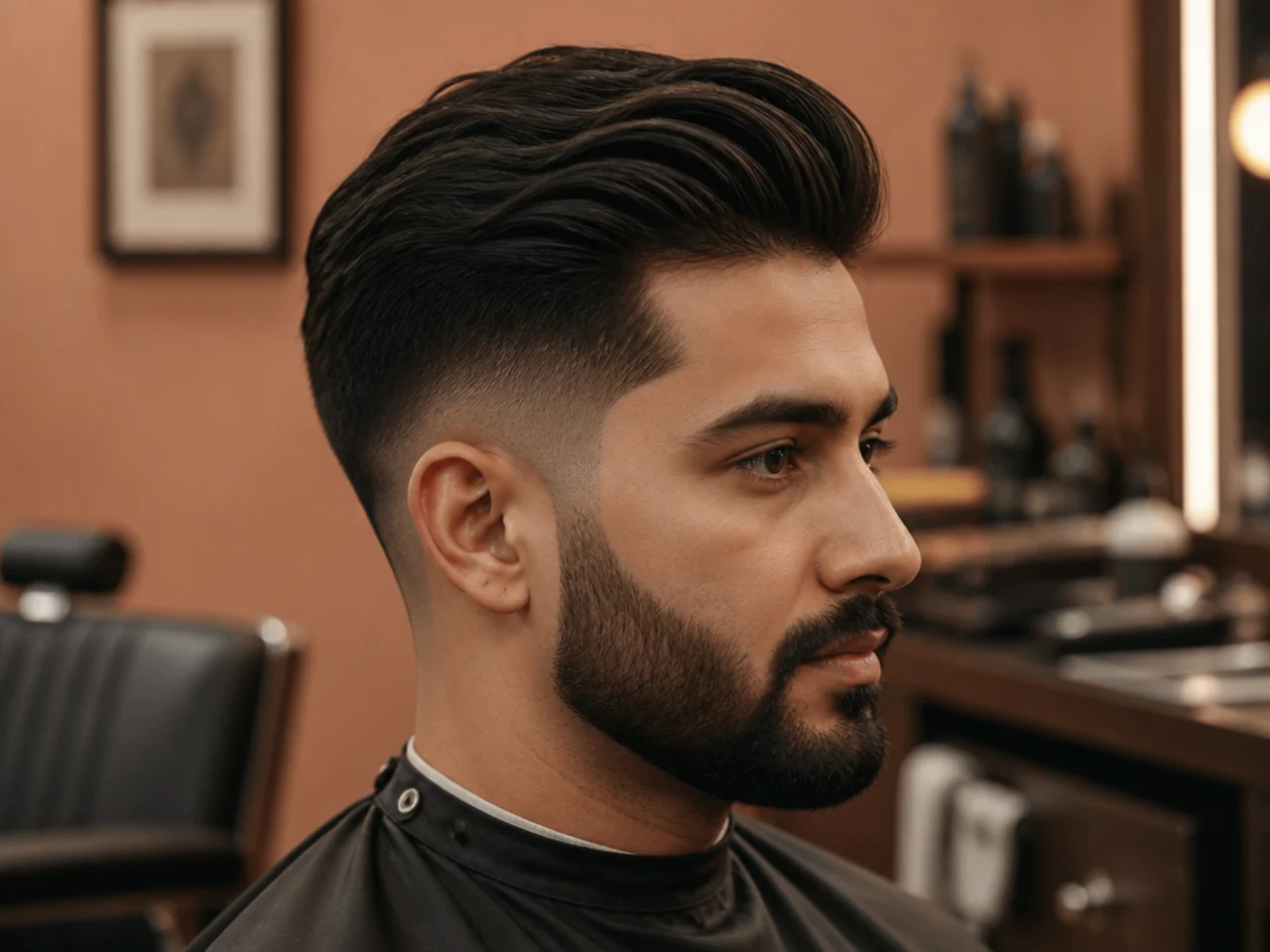 Well-lit barbershop with a barber trimming a classic side part on a client in his thirties