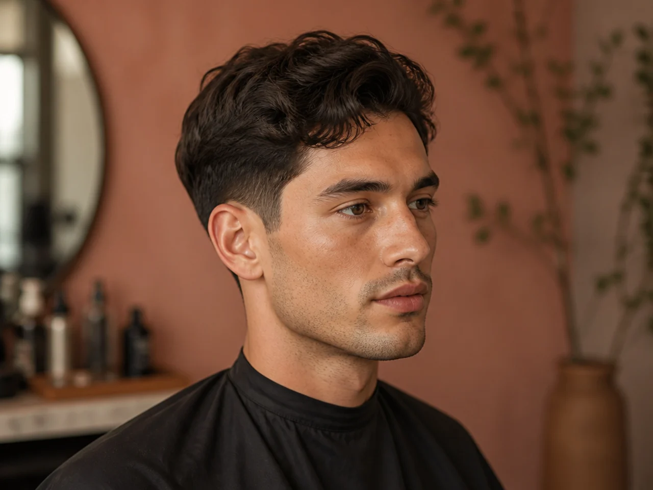 Man styling his timeless professional haircut at a bathroom mirror with matte clay