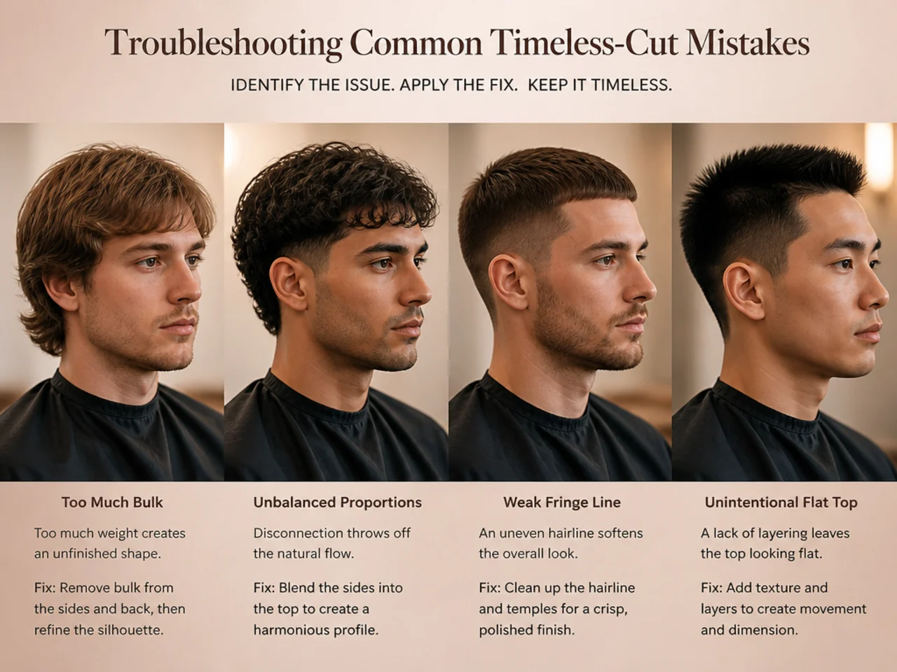 Barber comparing before-and-after of a timeless professional haircut on a client