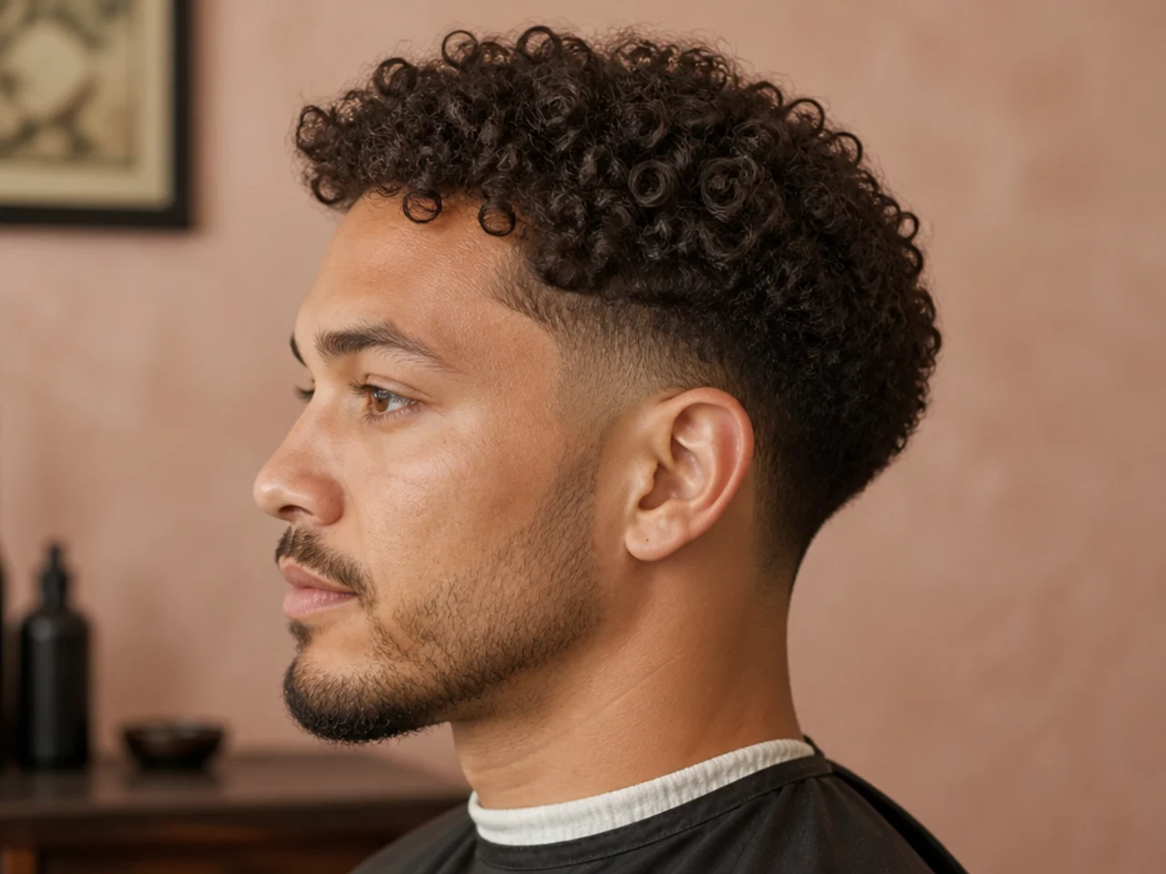 Curly low taper on a young man with 2 inches of natural curl and a soft taper only around the ears and nape