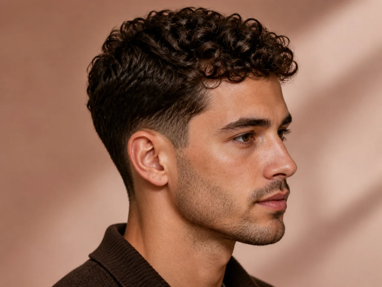 Curly Ivy League on a young man with a side part and 2 inches of loose curl over scissor-tapered sides