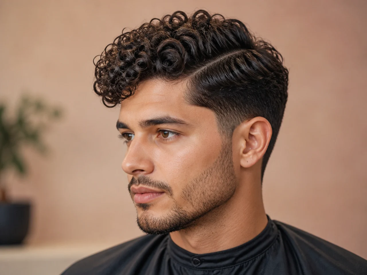 Curly side part on a young man with an off-center part and 2 inches of loose ringlet curl over a low taper