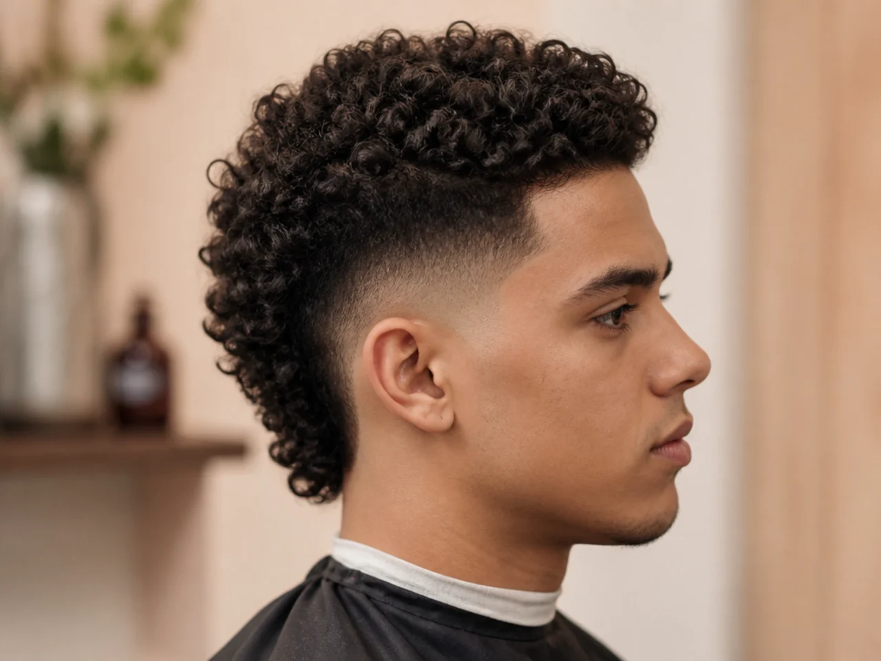 Curly mohawk fade on a young man with a narrow strip of 2.5-inch curl down the center and burst-faded sides