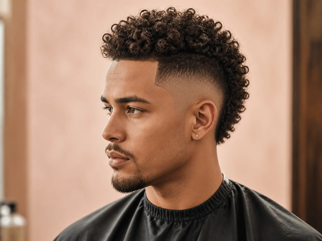 Curly faux hawk on a young man with a short peaked curl top over a scissor-blended taper on the sides