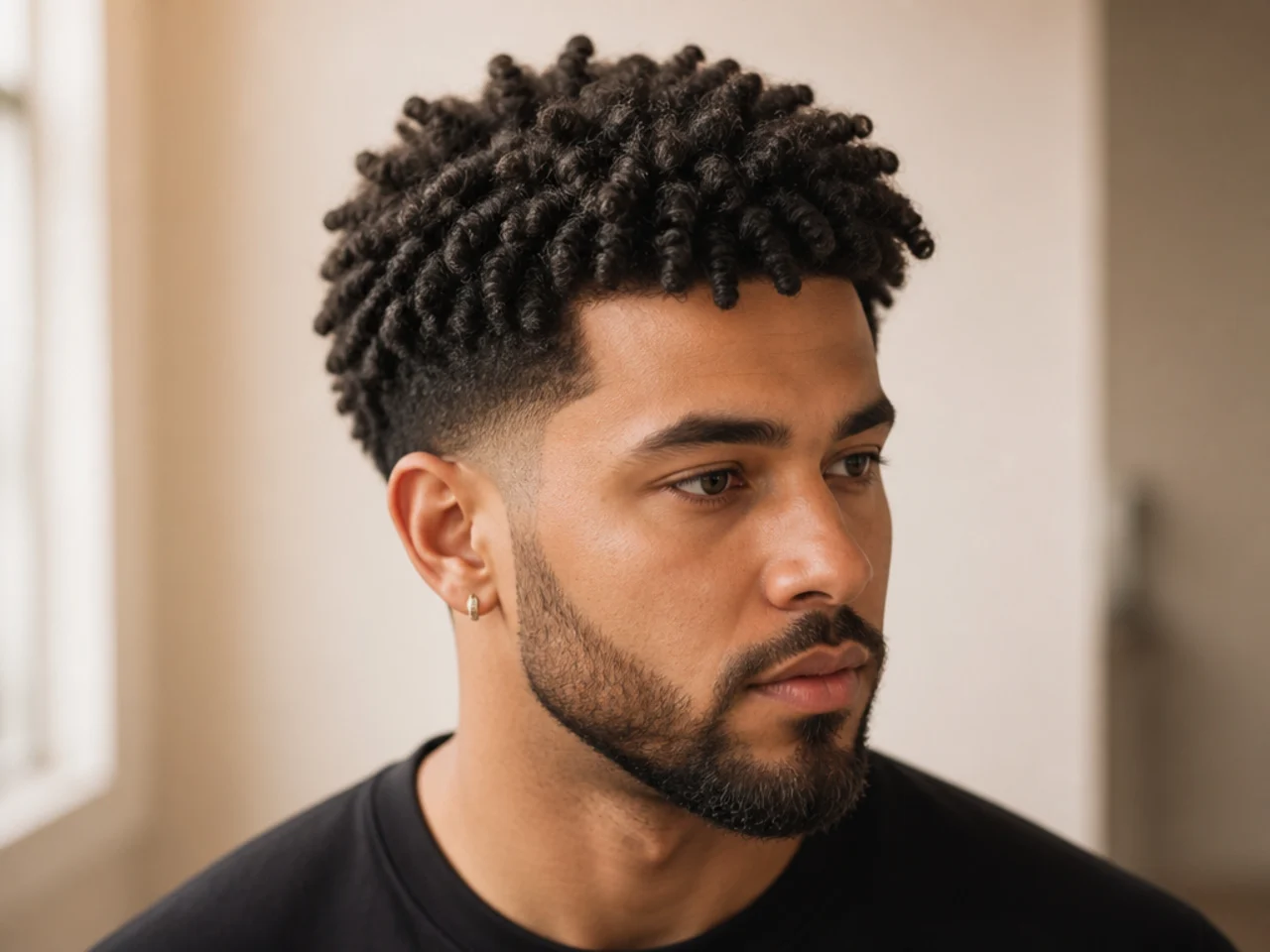 Sponge-twist curls on a young Black man with uniform tight coils across the whole top and a clean line-up