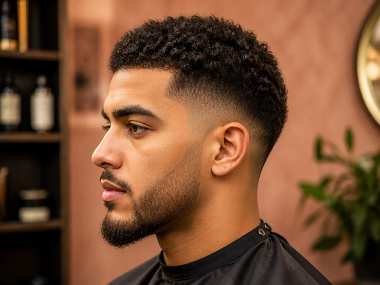 Short curly afro fade on a young Black man with 2 inches of shaped afro and a clean low fade at the sides