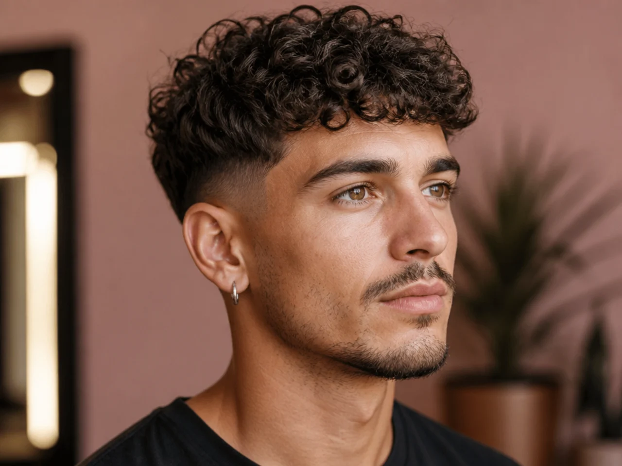 Curly Edgar crop on a young Latino man with a blunt straight fringe cut across a 1.5-inch curly top with a mid fade