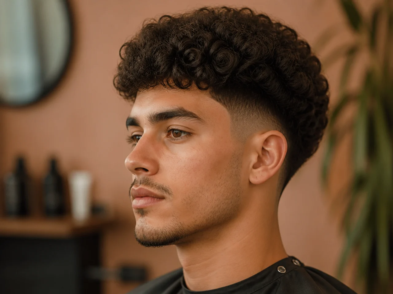 Short broccoli cut on a young Latino man with a 2-inch curl dome over a hard low taper fade