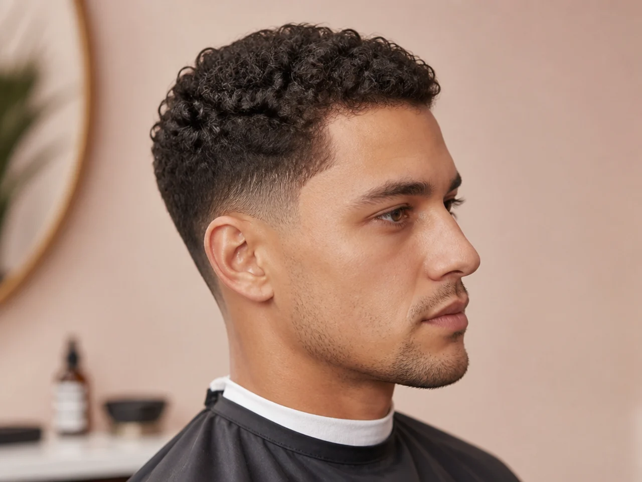 Curly crew cut on a young Latino man with 1 inch of ringlet curl point-cut over a low taper