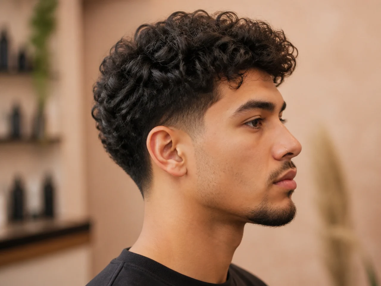 Short curly blowout with taper on a young Black man showing 2 inches of lifted curl and a clean tapered fade at the sides