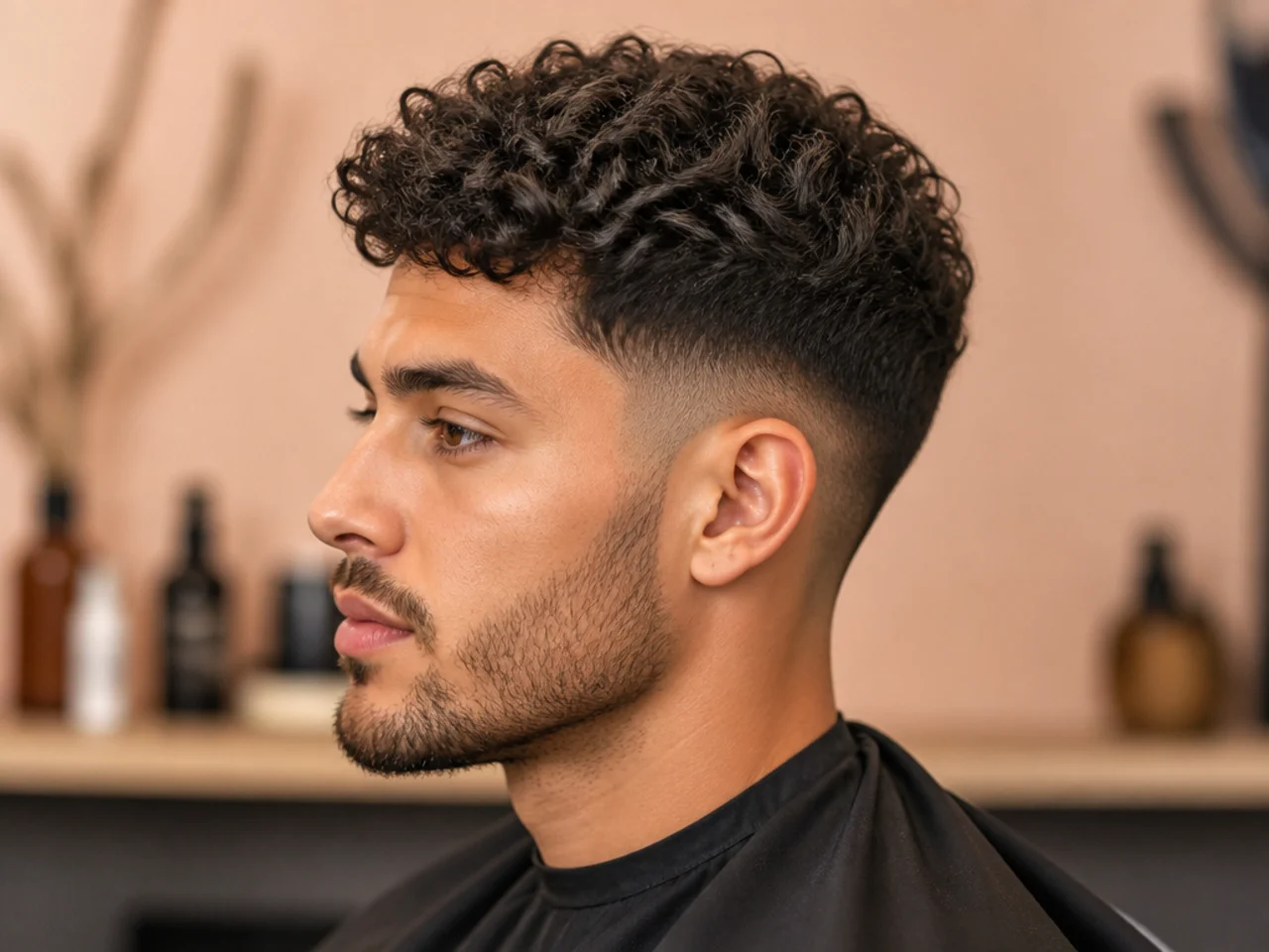 Textured curly crop on a young mixed-race man with 1.5 inch springs pushed forward over a mid fade