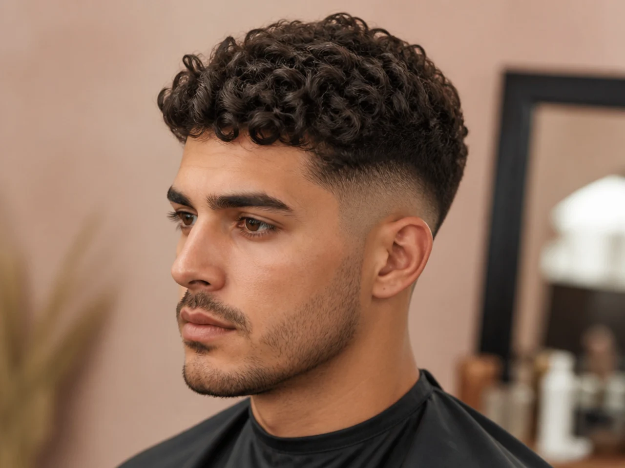 French crop with curls on a young man with short piecey ringlets pulled forward and a high fade at the temple