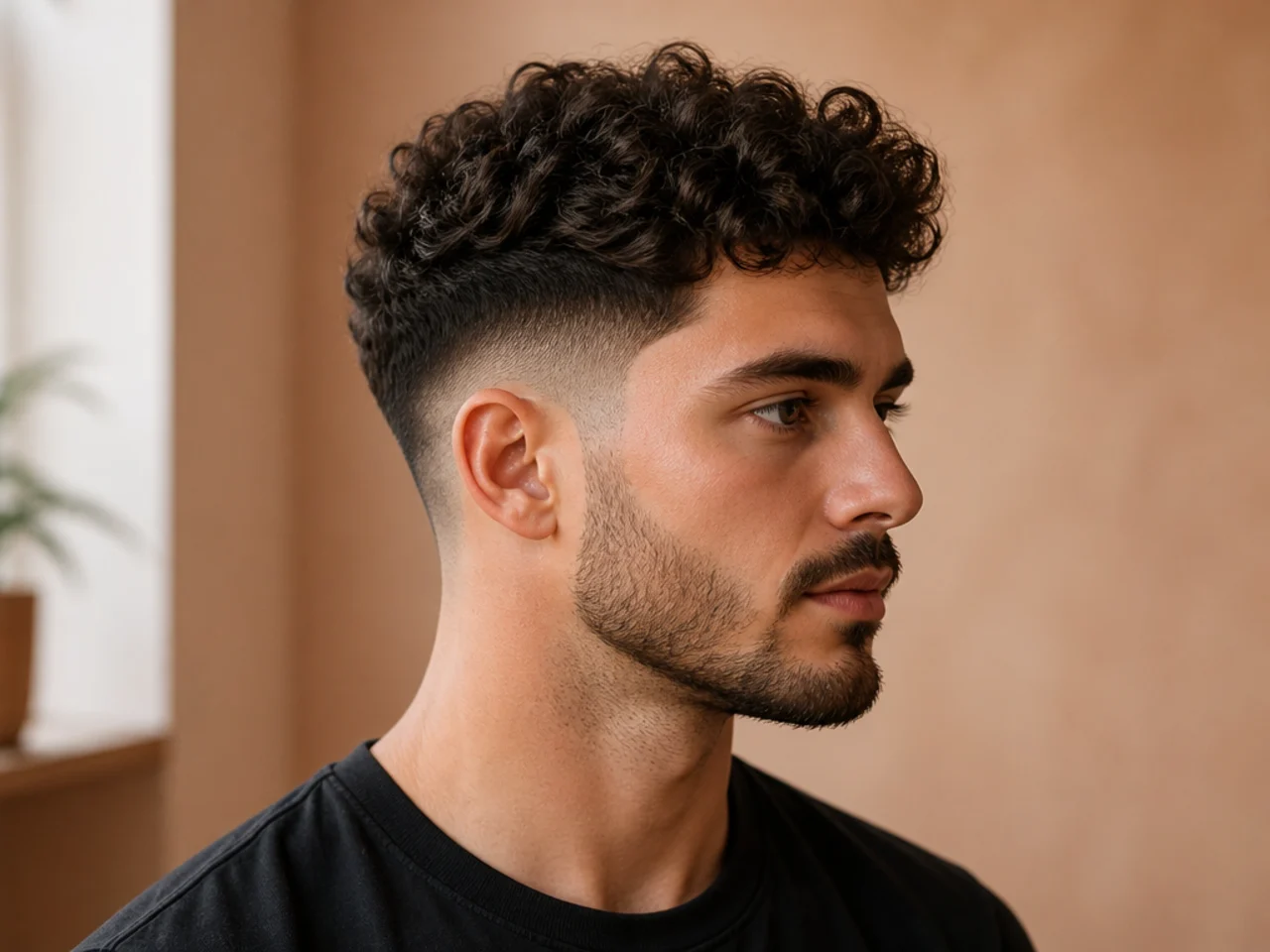 Curly low fade on a young Black man with 2 inches of ringlet curl over a low fade dropping behind the ear