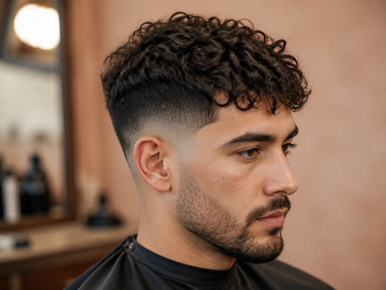 Curly mid fade on a young man with piecey 2-inch ringlets and a mid fade landing at the temple