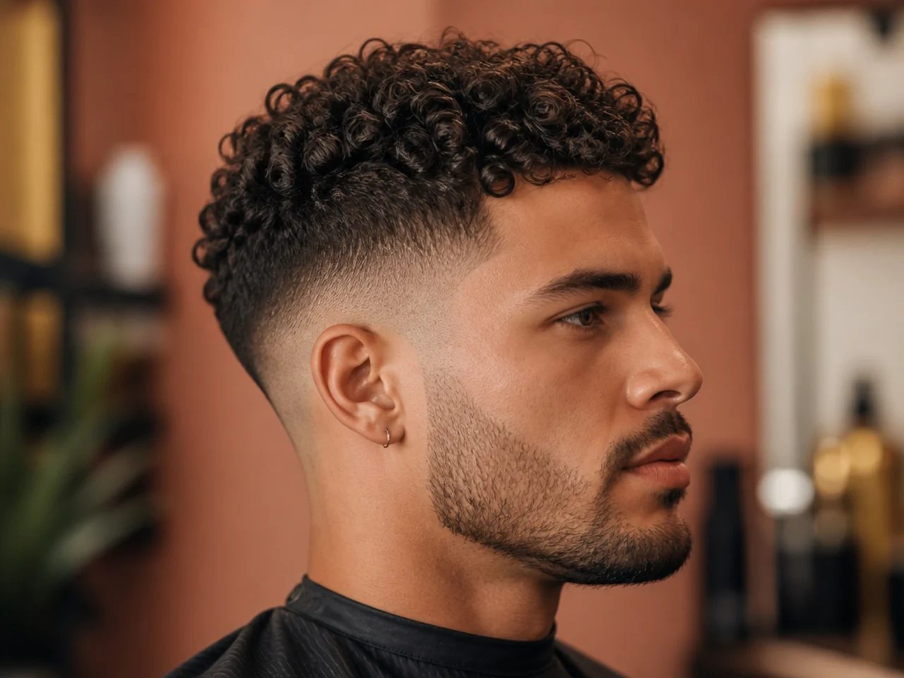 Curly skin fade on a young man with 2 inches of ringlet curl over a clean skin fade from the temple