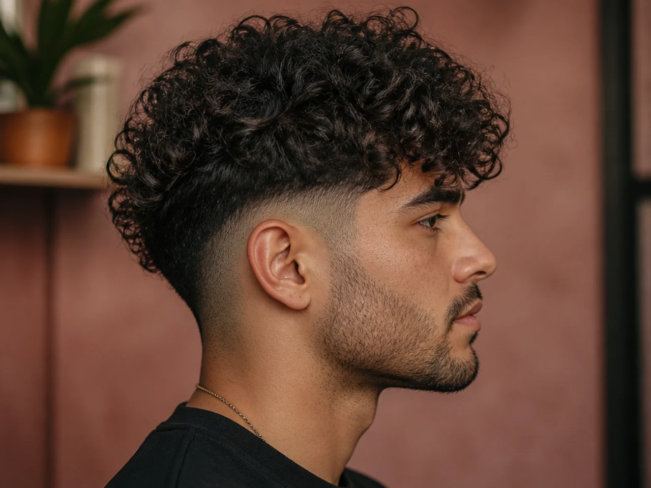 Curly undercut on a young man with a disconnected 2.5-inch curly top and a hard clipper line at the temple