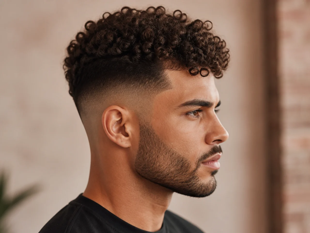 Curly burst fade on a young Black man with 2 inches of ringlet curl over a burst fade arcing behind the ear