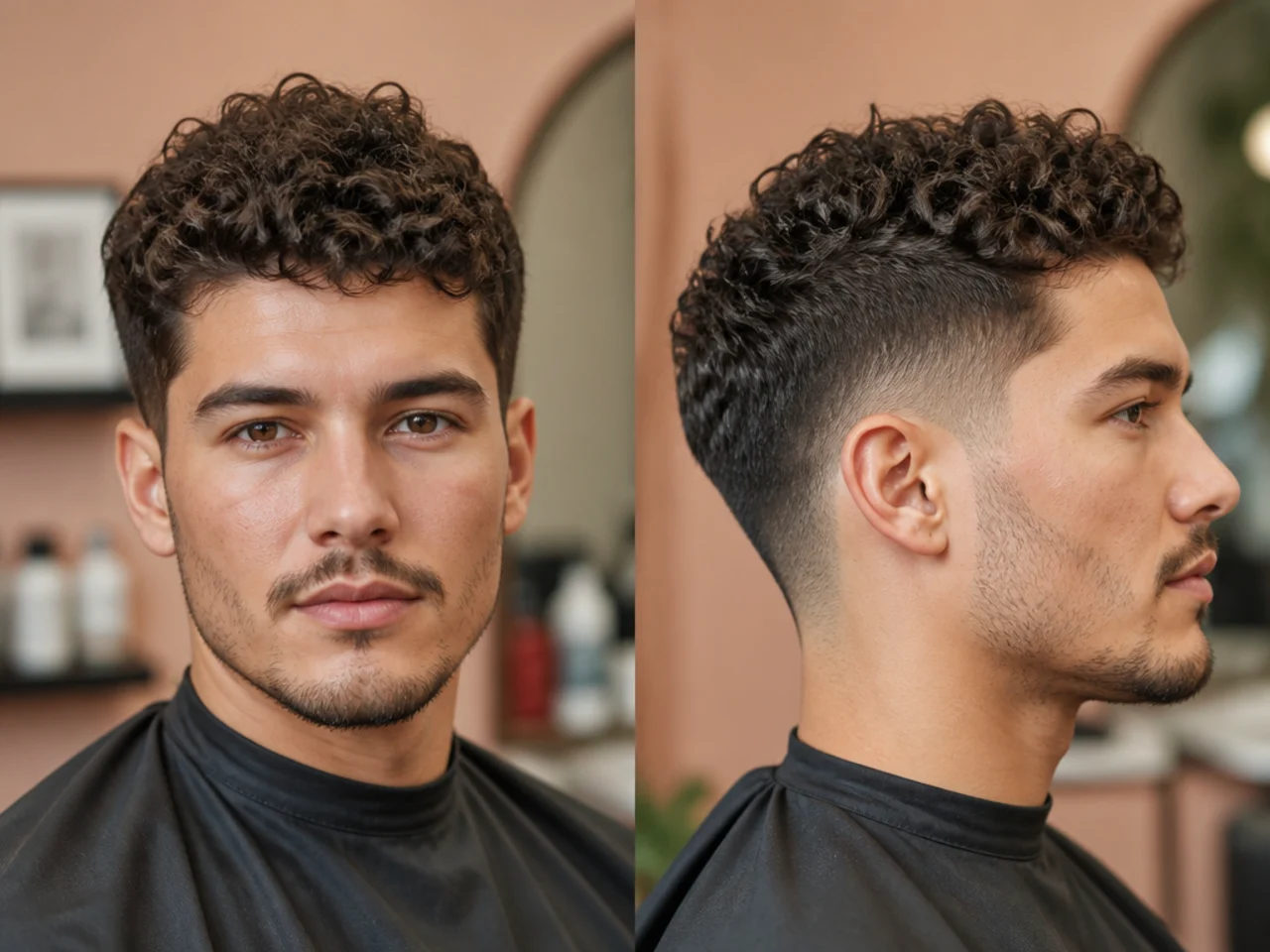 Curly-haired man showing a phone reference photo to a barber during consultation for a short curly haircut