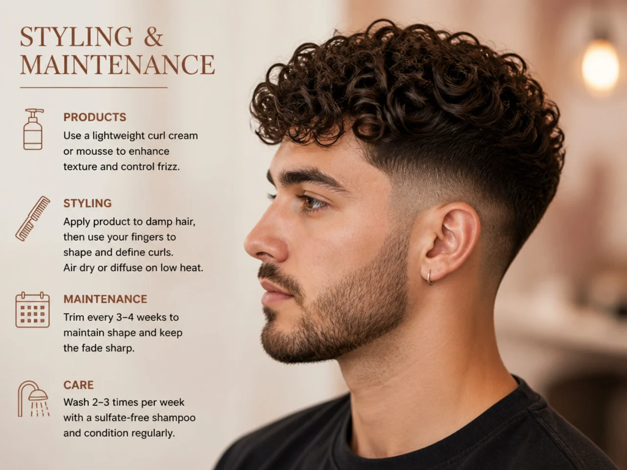 Short curly haircut styling essentials — curl cream, leave-in spray, diffuser, and wide-tooth pick on a warm cream surface