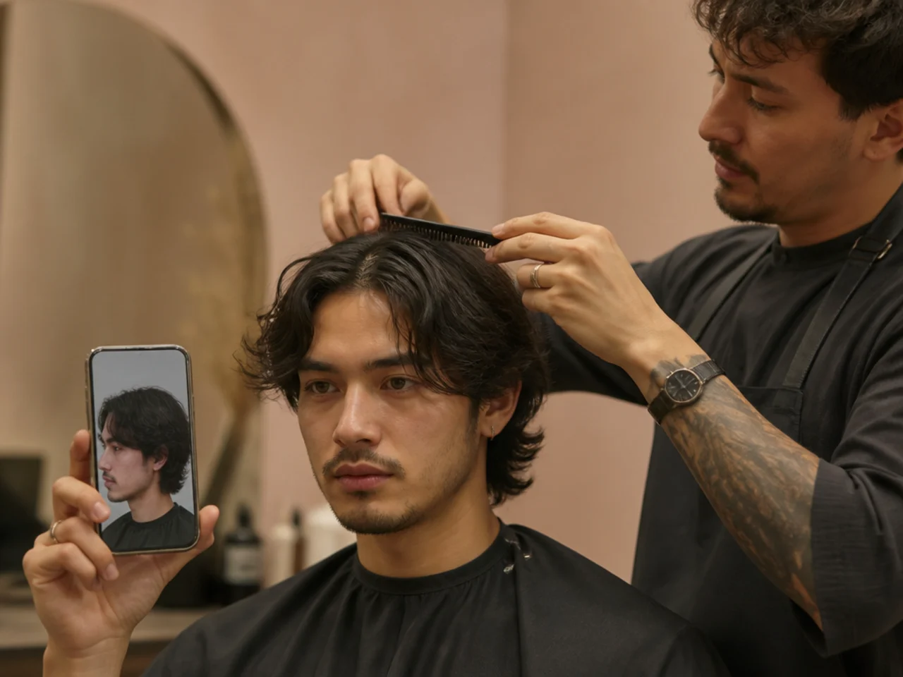 Client holding a phone reference photo up while a stylist checks the top length with a comb