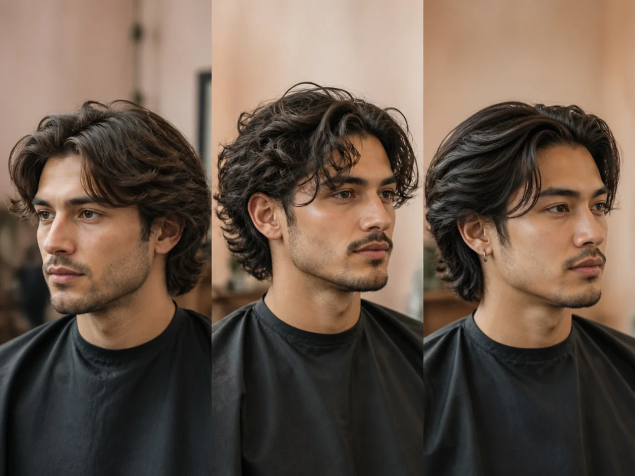 Grid of five medium length men's hairstyles shown from the same base cut — quiff, slick back, side part, middle part, and messy piece-out
