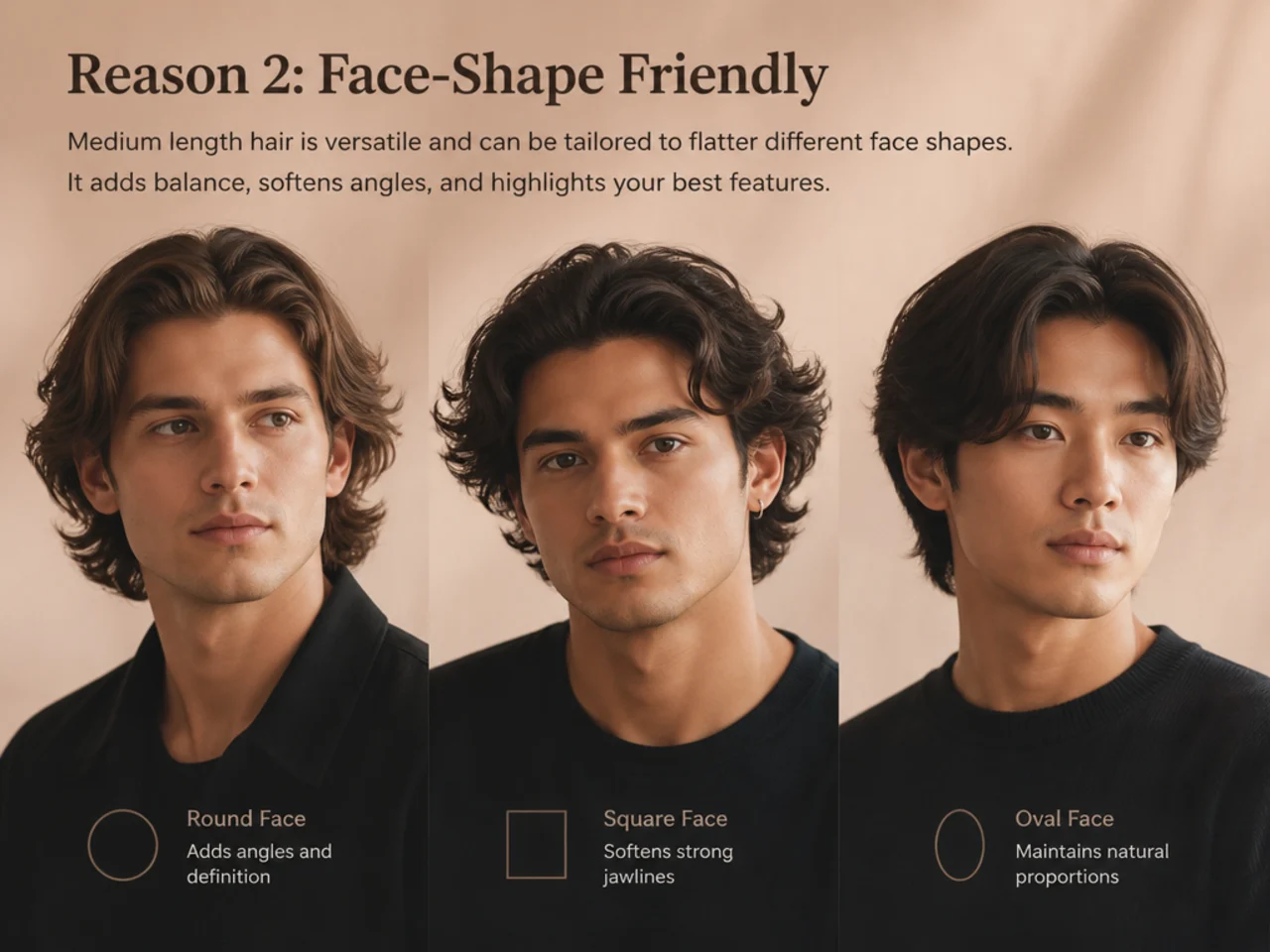 Six side-by-side portraits showing medium length cuts adapted for oval, round, square, heart, oblong, and diamond face shapes