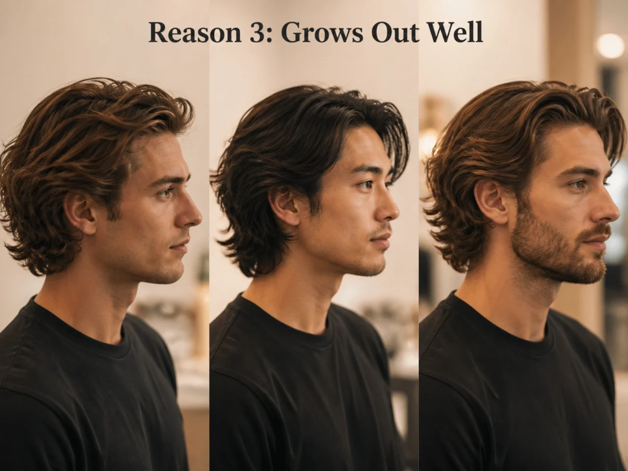 Time-lapse of a medium length haircut at week 1, week 4, week 8, and week 12 showing gradual silhouette shift
