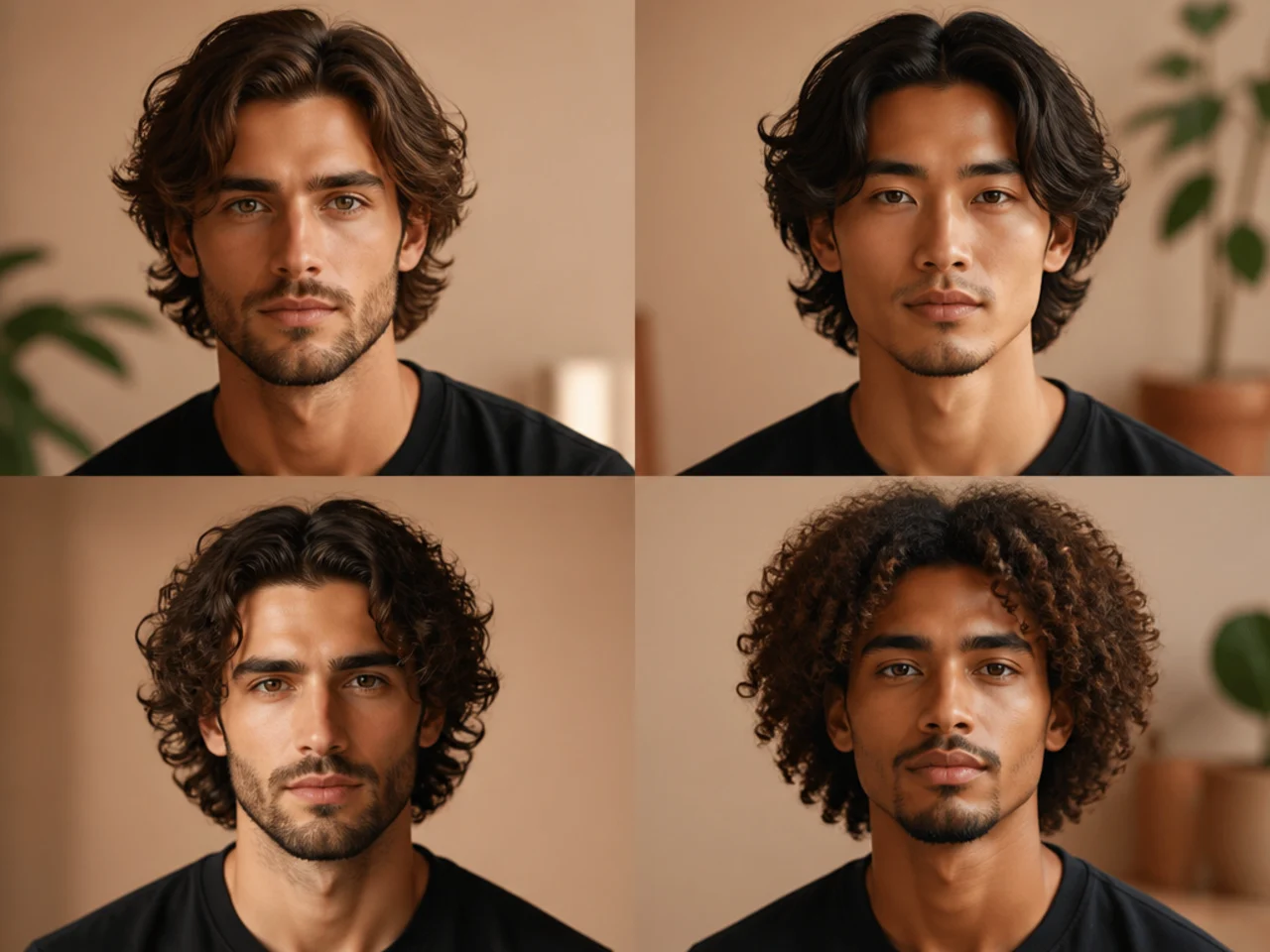 Four portraits showing the same medium length silhouette adapted for straight, wavy, curly, and coily hair types