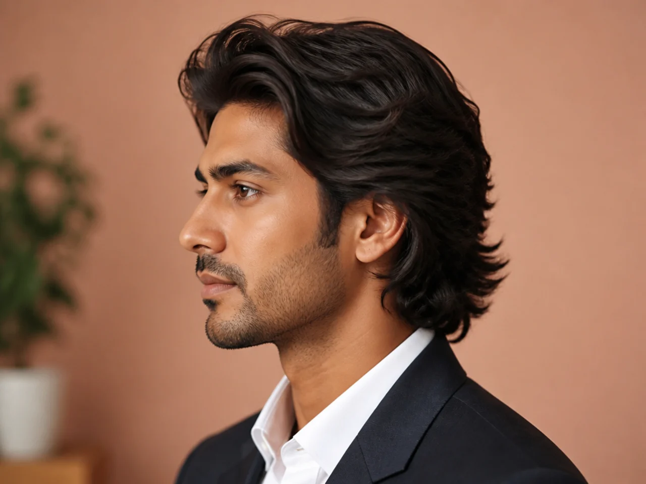 Man with a controlled medium length side part in a business shirt and blazer, photographed for a professional headshot