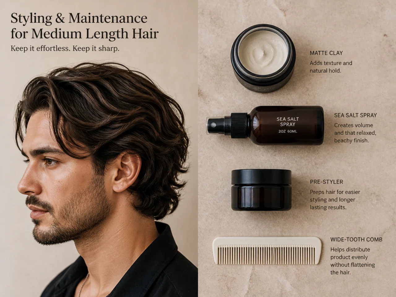 Overhead flat lay of the four products used to style medium length men's hair — sea-salt spray, matte clay, pomade, and a wide-tooth comb